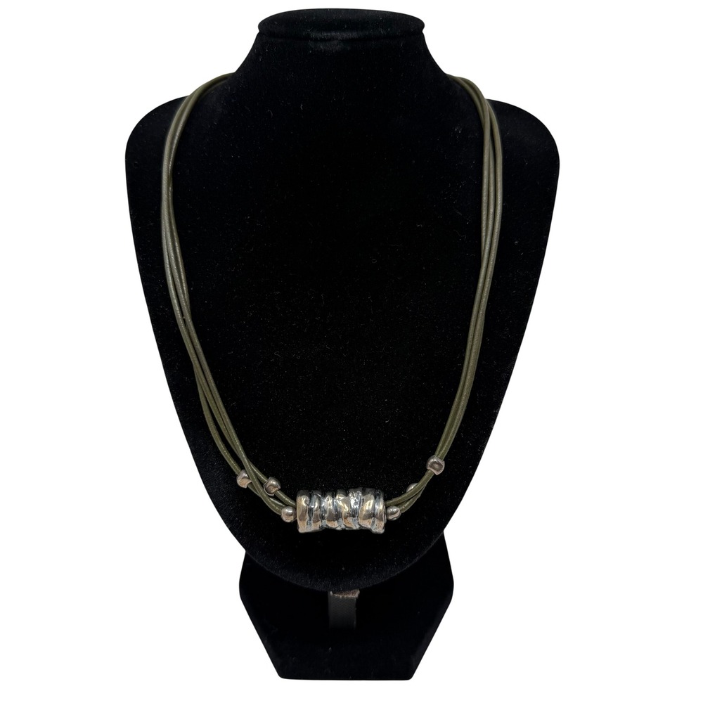 Silpada Sterling Silver 925 Multi Strand Cord Necklace Olive Green Barrel Slider